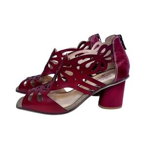 L'Artiste Spring Step Burgundy Leather Laser Cut Block Heel Sandals US 8.5